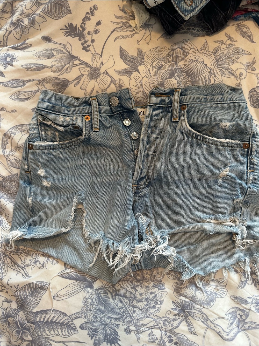 Agolde Distressed Light Blue Denim Shorts